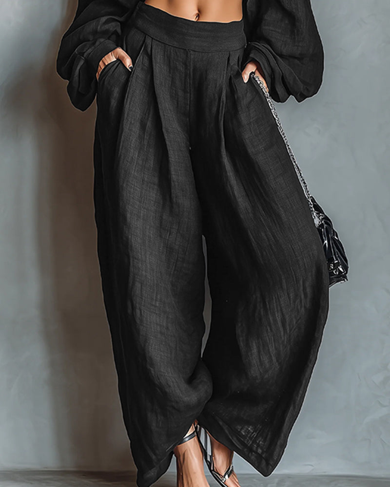 Florencja | Modny damski komplet z bawełny i lnu: top z odkrytymi ramionami i spodnie