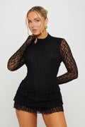 Audrey | Damskie body z warstwową falbaną peplum i transparentną koronką, elegancki i kobiecy fason