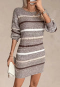 Lacey - Beżowo‑brązowa sukienka prążkowana dzianinowa z długim rękawem