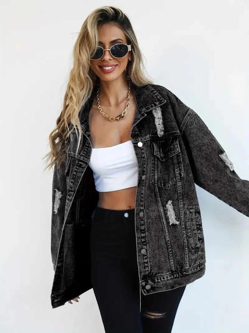 Megan | Damska oversize kurtka jeansowa z przetarciami, modny i casualowy fason
