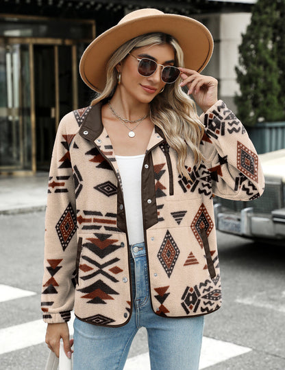 Zara | Damska przytulna kurtka polarowa z westernowym wzorem azteckim, ciepły i casualowy fason