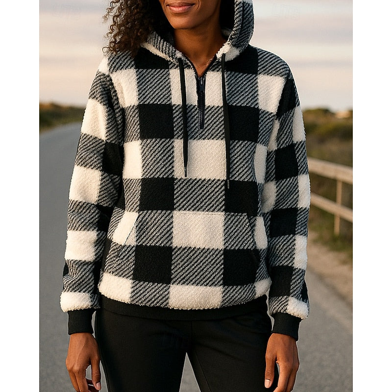 Halina | Bluza damska w kratę z kapturem i zamkiem