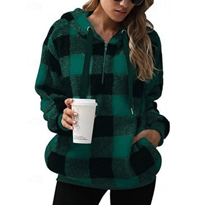 Halina | Bluza damska w kratę z kapturem i zamkiem