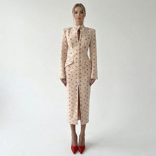 Kaja | Sukienka damska midi | Kwiatowa ze stójką, elegancka na wesele
