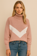 Althea – modny damski sweter z golfem, wzorem w literę V i kolorowymi wstawkami