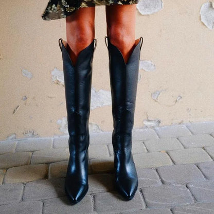 Calista - Damskie kowbojki za kolano – klasyczne czarne kozaki w stylu western