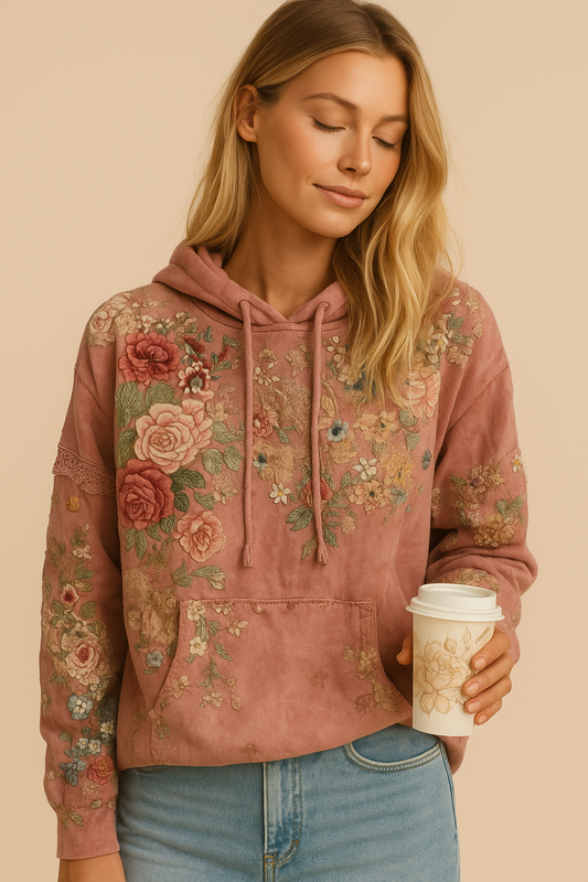 Pepper - Damski sweter z kapturem w stylu vintage barokowym z kobiecym kwiatowym nadrukiem