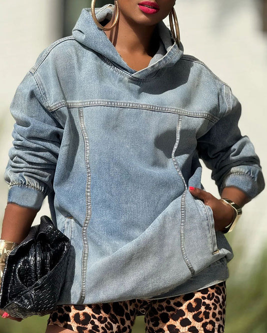 Georgene | Oversize’owa damska bluza z kapturem z postarzanym efektem denimu