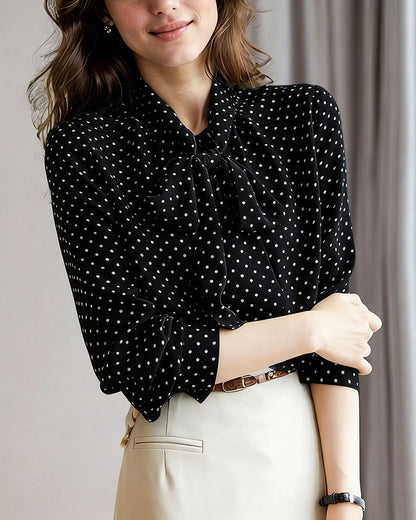 Addison | Damska biurowa bluzka w groszki z wiązaniem przy szyi