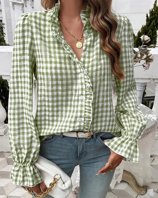 Emerald | Elegancka bluzka damska w kratę gingham z falbaną