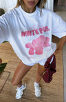 Perry | Damski t-shirt oversize biało-różowy z napisem wygodny