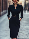 Elisa | Elegancka sukienka midi z paskiem i długim rękawem