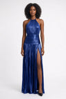 Pepper | Sukienka maxi damska niebieska metaliczna z rozcięciem elegancka